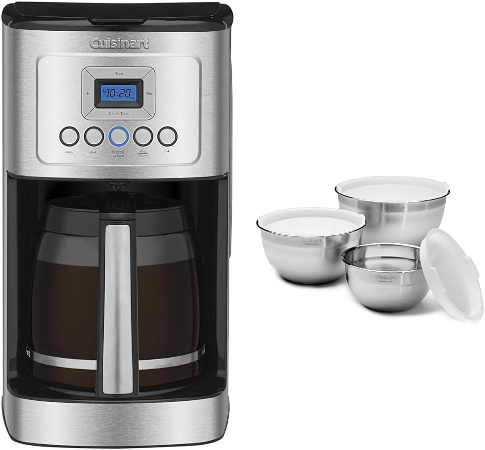 Cuisinart Coffee Maker, 14-Cup Glass Carafe, Fully Automatic for Brew Strength Control & 1-4 Cup Set & Mixing Bowl Set, Stainless Steel, 3-Piece, CTG-00-SMB