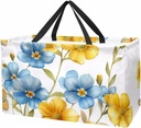 Reusable Grocery Bag Heavy Duty Shopping Tote Bag Foldable with Reinforced Handle, Light Yellow Flowers with Butterflies