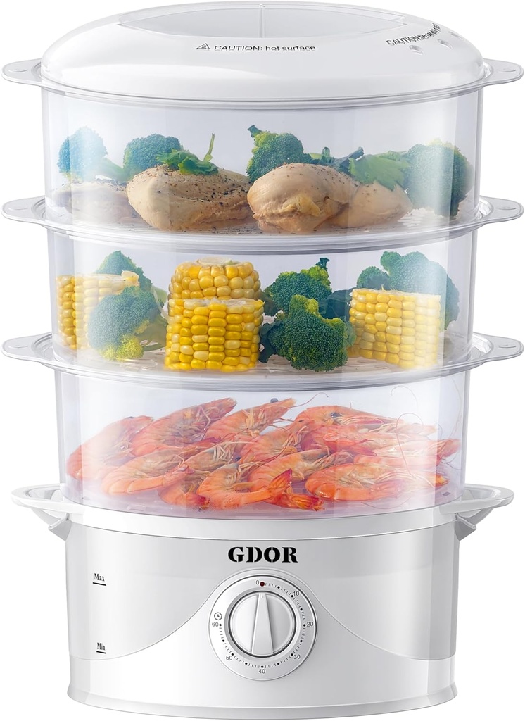 GDOR 3 Tier Electric Food Steamer for Cooking, 800W Vegetable Steamer for Fast Simultaneous Cooking, Dishwasher Safe, Boil Dry Protection, 60-Minute Timer, BPA-Free, 9.6 QT, White