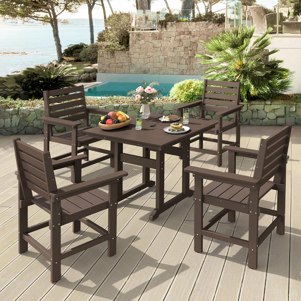 Outdoor Table and Chairs Set 5 Pieces, HDPS Weather Resistant Patio Dining Set with Umbrell Hole, Square Outdoor Dining Table with 4 Patio Chairs, Patio Dining Set for Balcony, Dark Brown