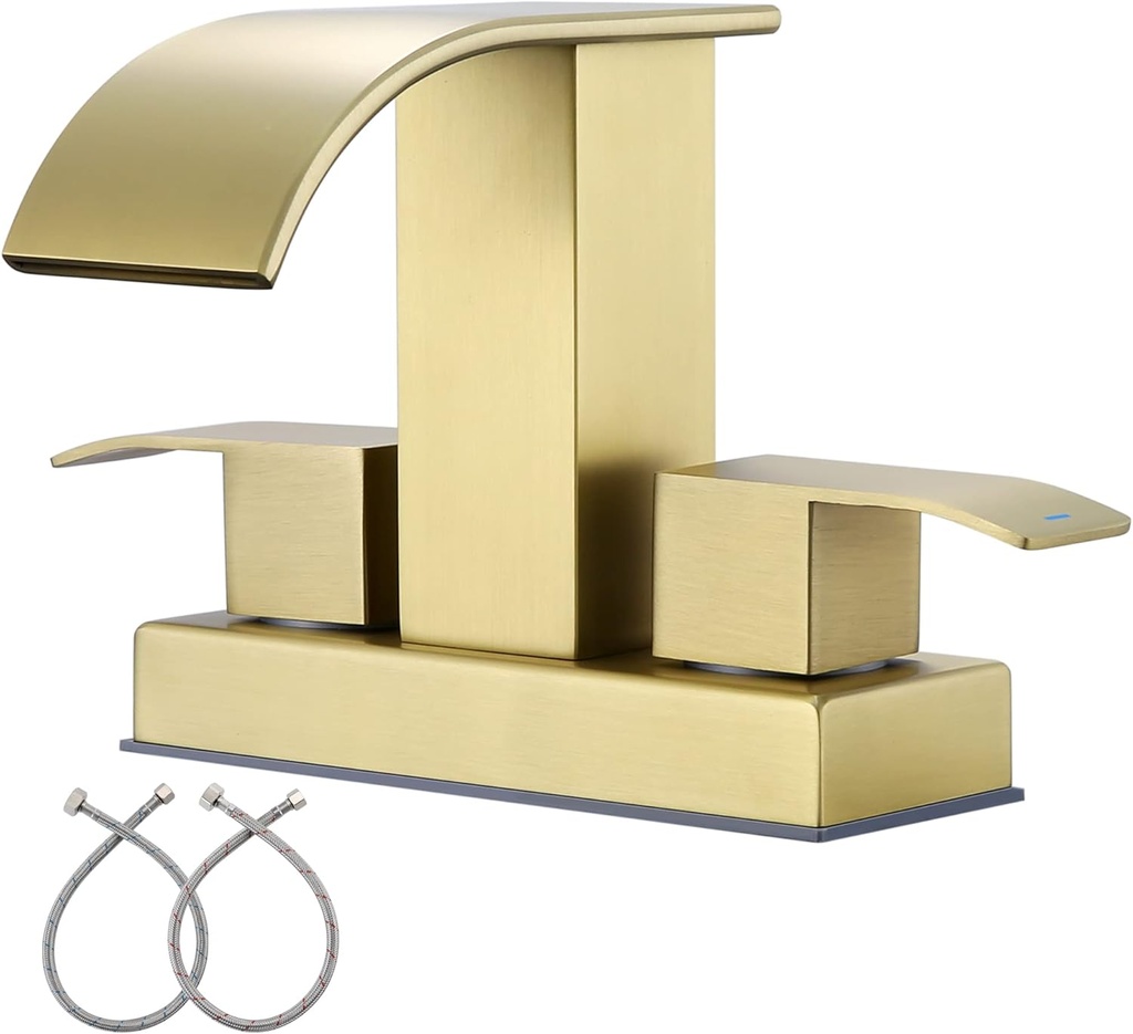 2 Handle Waterfall Bathroom Sink Faucet, Fit 4 Inch Centerset Sink Faucet, Stainless Steel Bathroom Washbasin Faucet, Brushed Gold