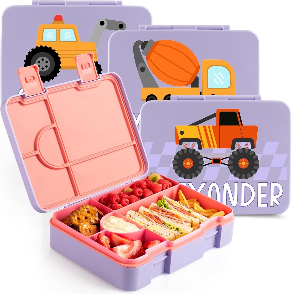 Personalized Bento Box for Kids with Vehicle Icon and Name - Lilac - 5 Compartments Drop-Proof Bento Box, Dishwasher Safe, Made with BPA-Free Materials, Bento Lunch Box for Kids and Toddlers