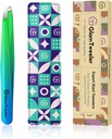 Expert Slant Tip Tweezers with Leather Case, GlamTweeler Sharp & Precision Stainless Steel Tweezer for Eyebrows, Facial Hair and Fine Hairs Removal (Sparkle Princess Blue & Green)