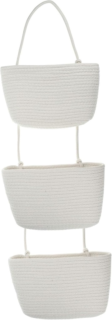 PATIKIL Hanging Basket Over The Door, 3-Tier Hanging Woven Cotton Rope Wall Mounted Storage Baskets Organizer Decorative for Books Flowers Closet Living Room Kitchen, White