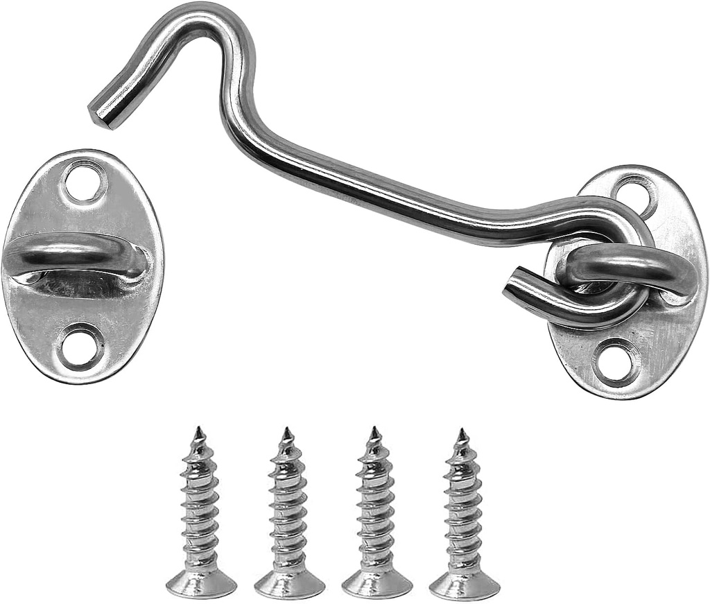 4 Pack 4" Hook and Eye Gate Latch, Stainless Steel Rust-Resistant Barn Door Lock Cabin Hooks for Gate Shutters Window Slide Barn Shed Cabinet Bathroom, with 16pcs Screw,Silver