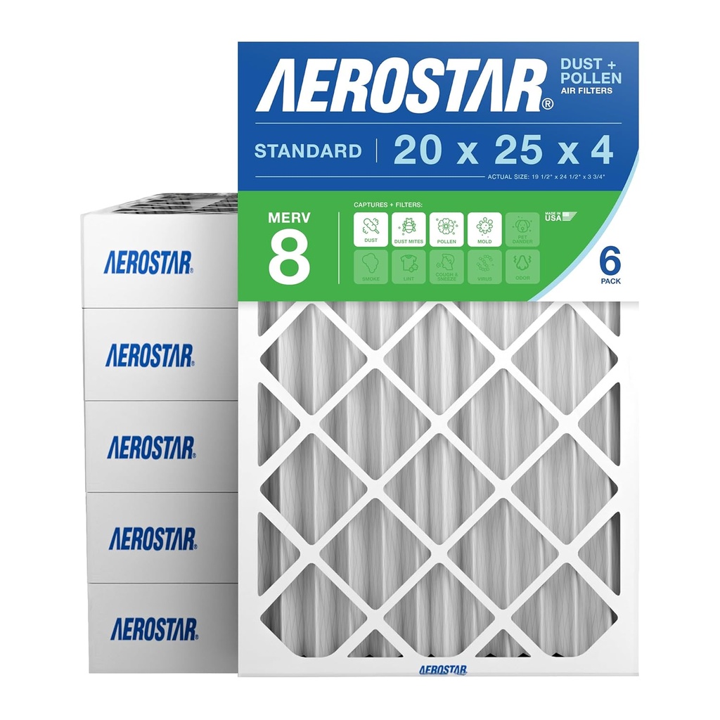 Aerostar 20x25x4 MERV 8 - 6 Count - High Efficiency Pleated HVAC, Furnace & Air Conditioner Filters - Removes Dust, Lint, Mold & Allergy-Causing Pollen