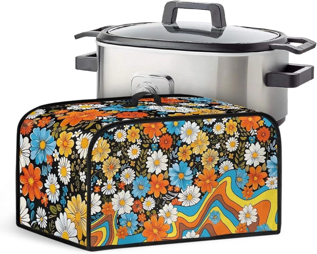Xoenoiee Colorful Daisy Flower Print Slow Cooker Dust Cover Novelty Crock Pot Cover with Top Handle and Side Mesh Pocket Versatile Kitchen Appliance Cover