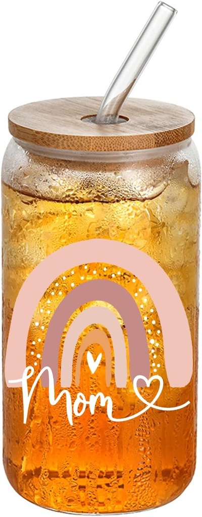 Mom Glass Cups with Lids and Straws, 16 Oz Glasses Set, Perfect for Mothers Day, Birthday, Christmas Gifts for Mom
