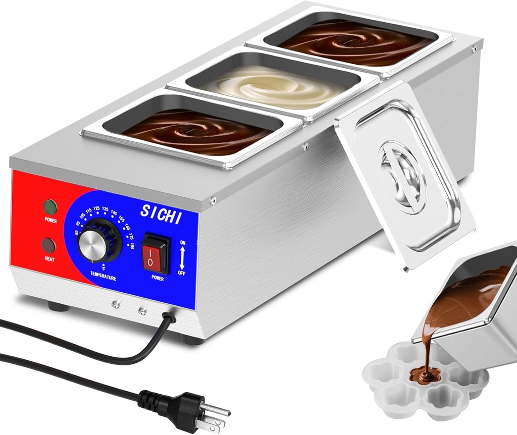 Chocolate Tempering Machine - Commercial Chocolate Melting Machine w/ 13L Capacity and 86-185℉ Temp Control, 1200W Professional Heated Chocolate Melter w/Stainless Steel Body, 110V,3 Tanks
