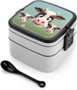Stackable Double-Layer Bento Box Cute Cow Adults Lunchbox With Spoon Cute Japanese Bento Box Dishwasher Safe for Work Travel Dining Outc
