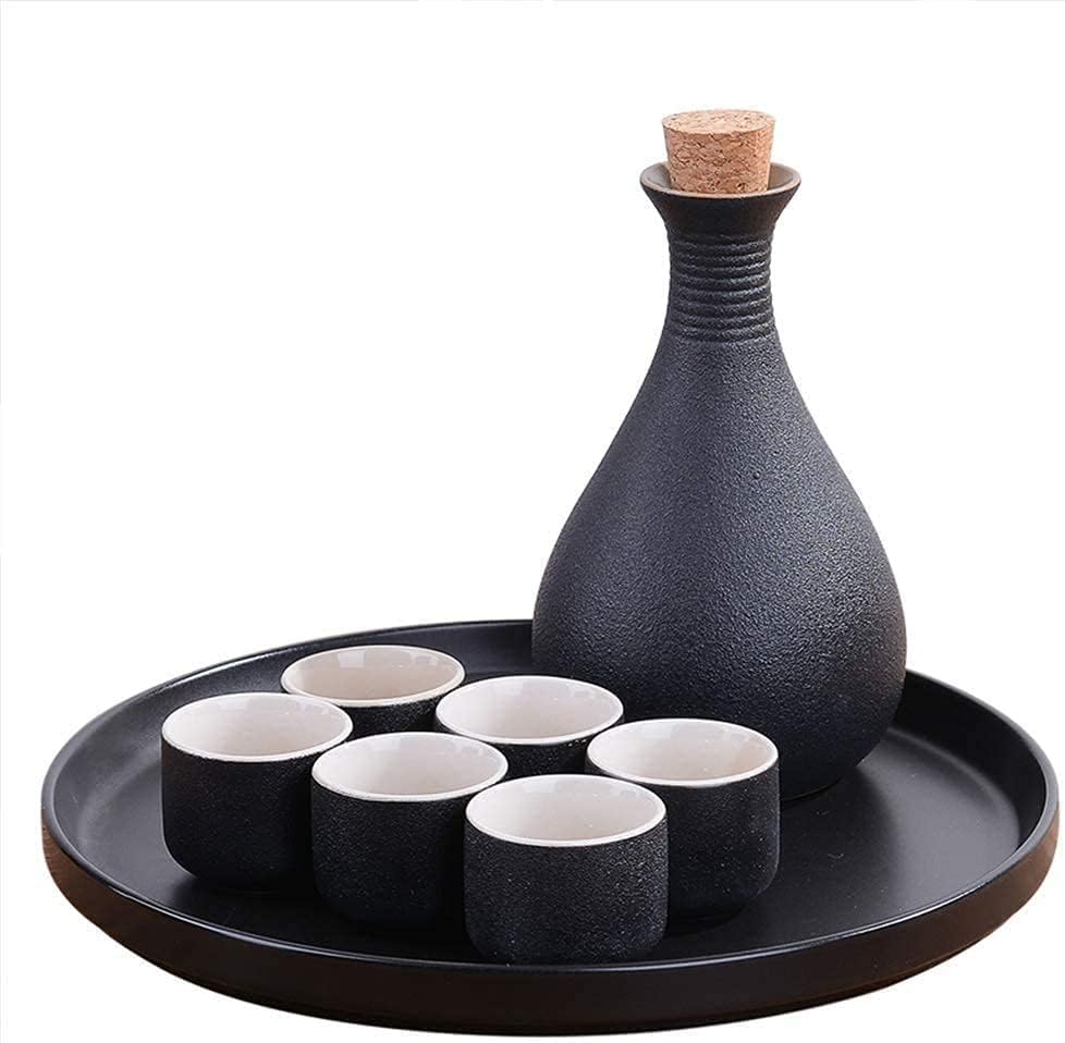 6 Pieces Sake Set, Japanese Black Ceramics Wine Glasses with Ceramic Tray, Traditional Crafts Cups, for Cold/Warm/Hot Sake/Shochu/Tea Traditional Hand Painted Sake Set