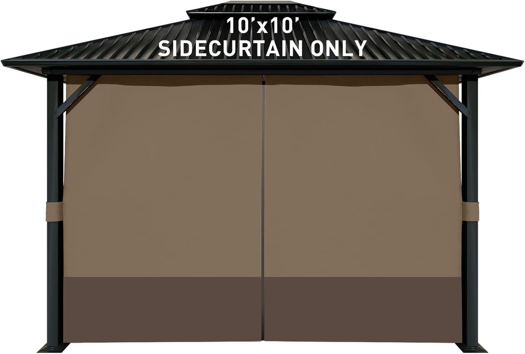 Aoodor 10x10 ft Outdoor Gazebo Curtains, 4 Panels Waterproof Privacy Sidewall Replacement with Zipper for Patio Pergola and Canopy, Brown