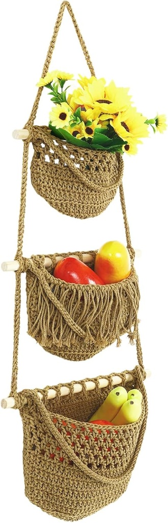 GLEAVI 1Set Hanging Kitchen Produce Basket Woven Storage Holder for Vegetables Fruits Decorative Rope Wall Organizer Easy to Install with Capacity Design