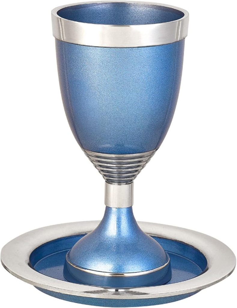 Modern Footed Kiddush Cup with Saucer Set - Blue Accents Anodized Stemmed Wine Goblet 5.75" Tall Wine Cup for Passover Seder, Shabbat Bar/Bat Mitzvah, Wedding Elija Cup Judaica Gifts by Zion Judaica