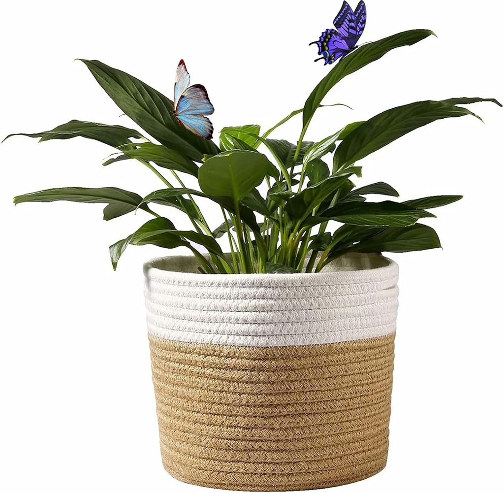 Cotton Rope Plant Basket Modern Hand Woven Planter for 8 Inch Flower Pot Floor Indoor Planters Foldable Storage Organizer Basket Rustic Home Decor White Stitching Khaki W 8.5" x H 7.5"