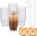 Vintage Glass Cups with Bamboo Lids and Straws–4Sets 11oz Iced Coffee Cups for Women, Aesthetic Glass Tumblers for Juice, Cocktail, Whiskey – Housewarming Gifts for New Home, Coffee Bar Accessories