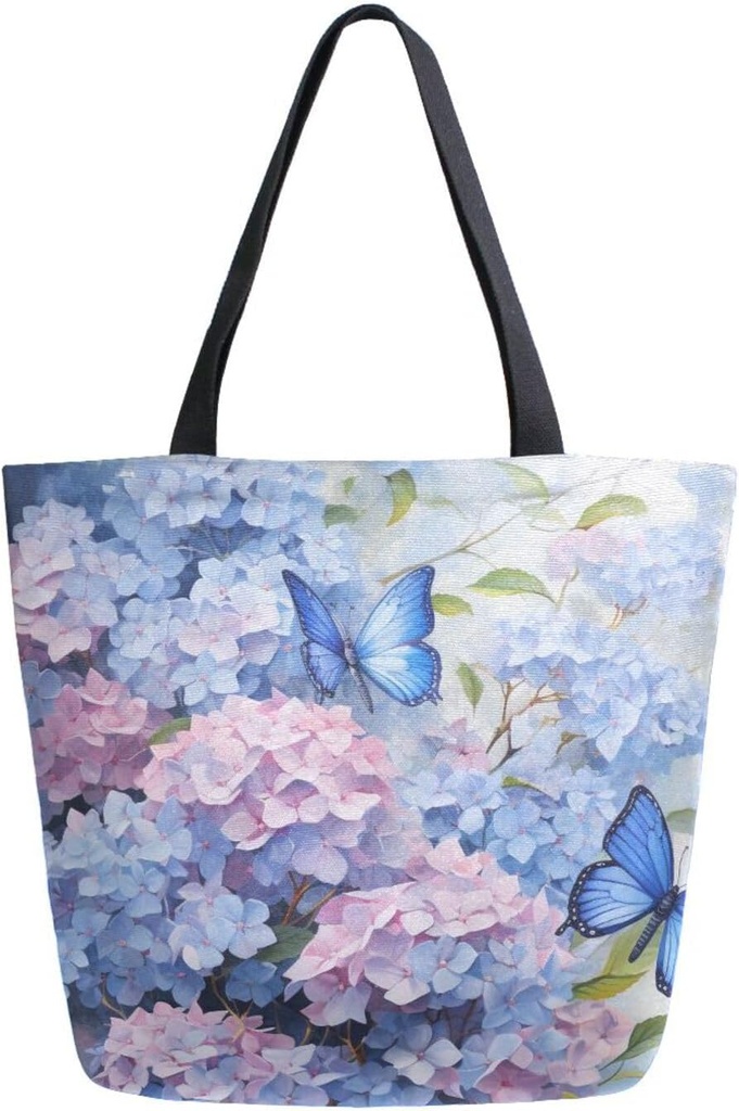 ALAZA Purple Pink Hydrangea Flowers Flying Butterflies Canvas Tote Bag for Women Travel Work Shopping Grocery Top Handle Purses Large Totes Reusable Handbags Cotton Shoulder Bags