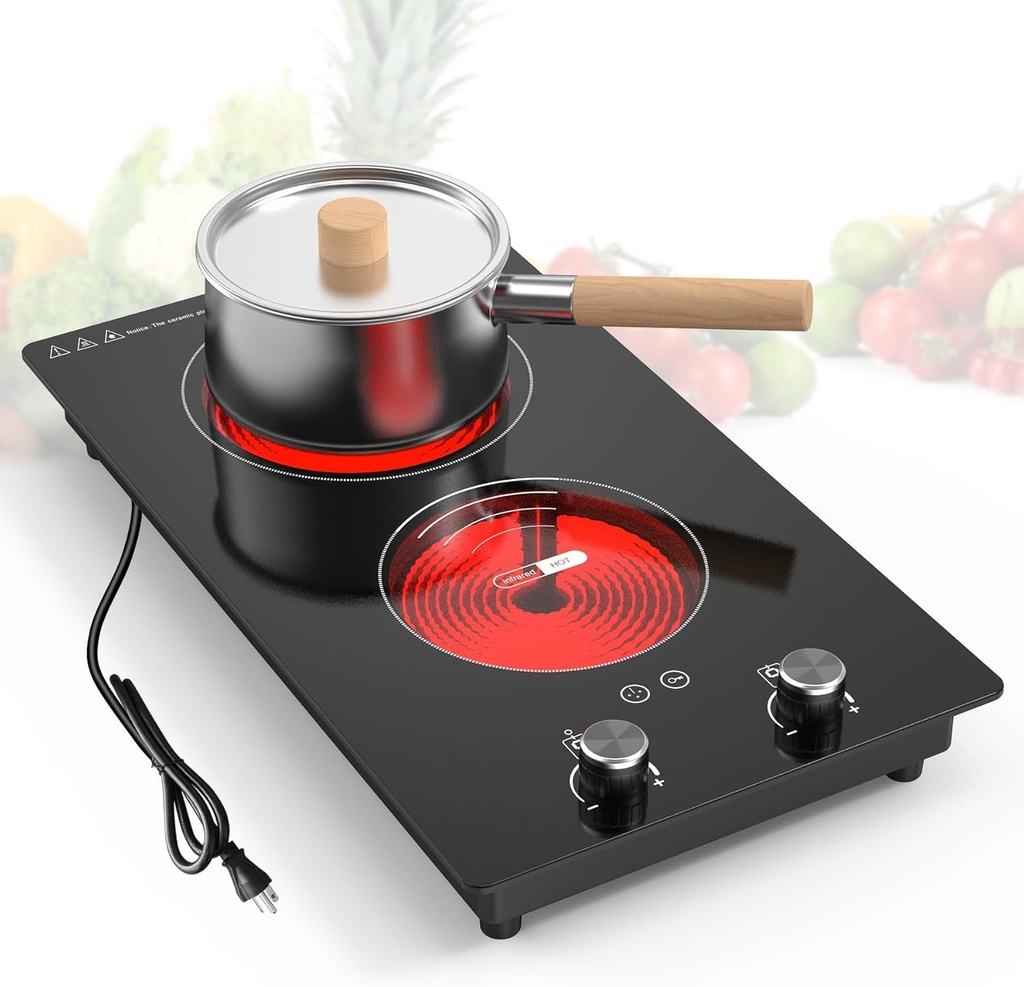 VBGK 2 Burner Electric Cooktop,3000W Built-in and Countertop Electric Stove Top Burner with 9 Heating Level, Timer & Kid Safety Lock, LED Knob Control 220V Plug