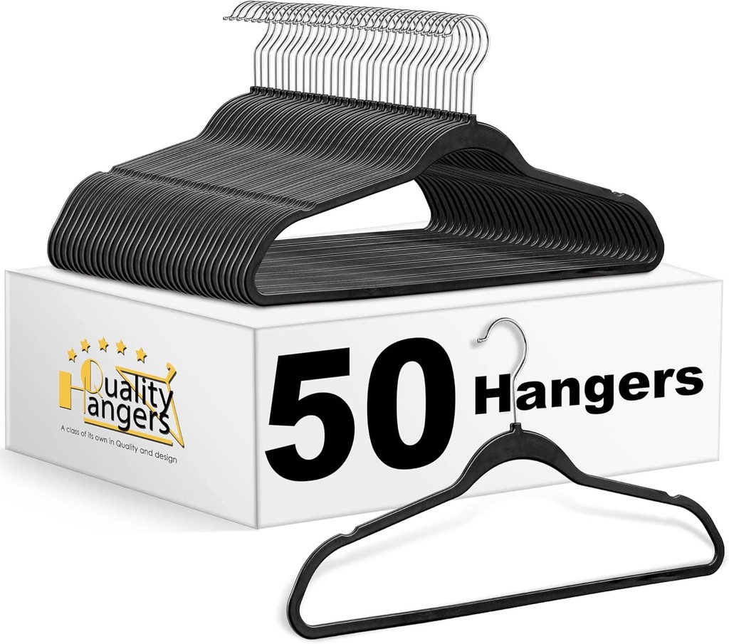 Quality Hangers 50 Pack Slim Plastic Hangers for Clothes - Heavy Duty Non-Velvet Black Hangers with 360° Swivel Chrome Hook & Non Slip Notches - Ideal for Dresses Coats Shirts Jackets & More - Black