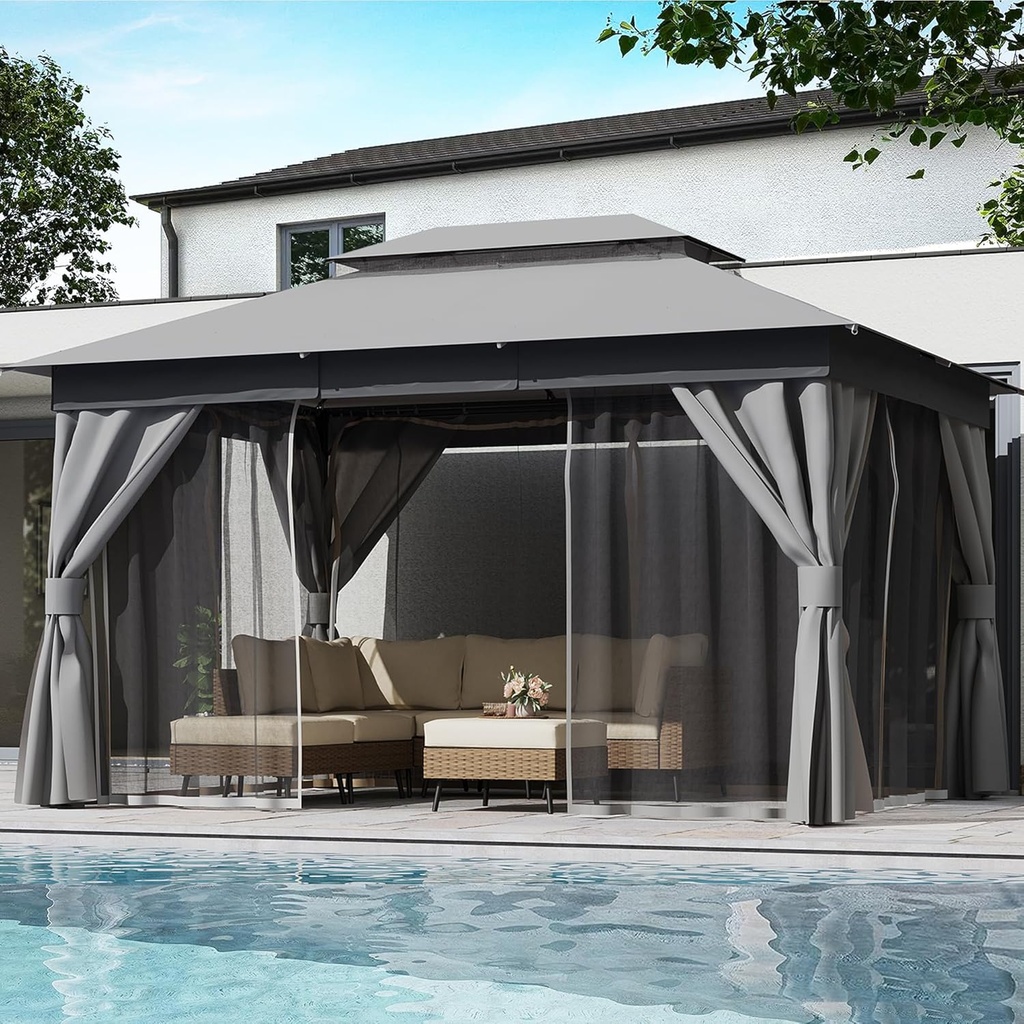 LAUSAINT HOME Outdoor Patio Gazebo 10'x13' with Expansion Bolts, Heavy Duty Party Tent & Shelter with Double Roofs, Mosquito Nettings and Privacy Screens for Backyard, Garden, Lawn, Smoke Grey
