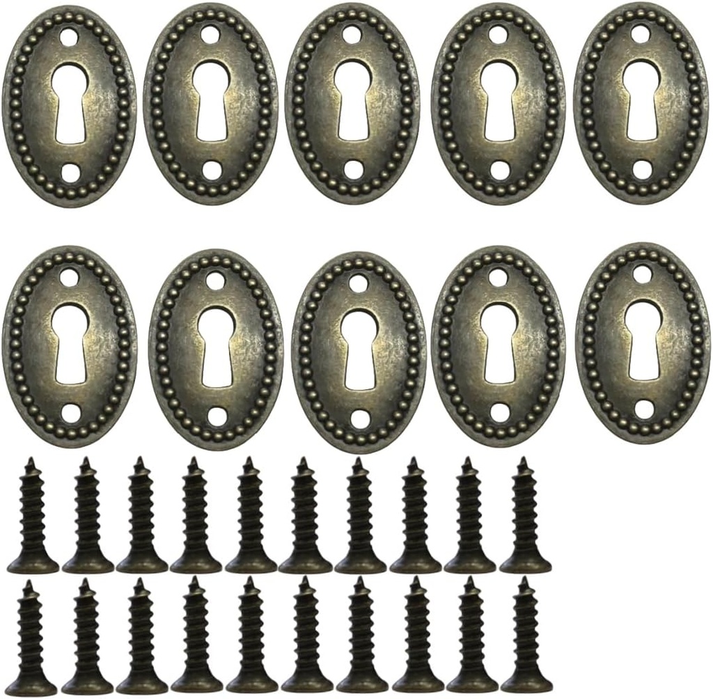 Oval Stamped Antique Brass Decorative Keyhole Cover Plate, Keyhole Escutcheon Plate for Cabinet, Door, Dresser, Drawers, Desk Furniture Hardware 10 Pack