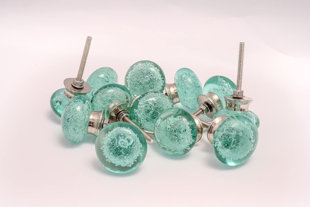 Round Glass Dresser Drawer, Door, Cabinet Knob Brushed Nickel Hardware - - Pack of 12 (Aqua Green)