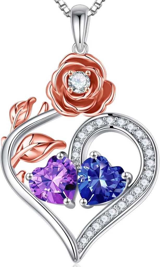 Iefil Rose Heart Birthstone Necklaces for Women - 925 Sterling Silver Double Birthstone Necklace, Anniversary Birthday Gifts for Women, Jewelry Gifts for Wife Her
