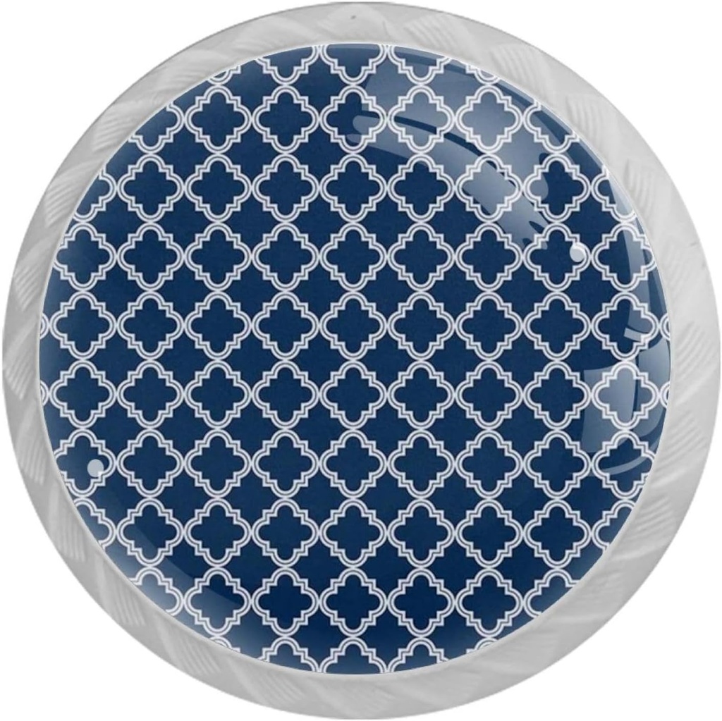 Moroccan Classic Navy Blue Geometric Pattern 4 Pcs White Glass Drawer Knobs Dresser Knobs Pulls Door Knobs Handles for Kitchen Wardrobe Cupboard Hardware Furniture