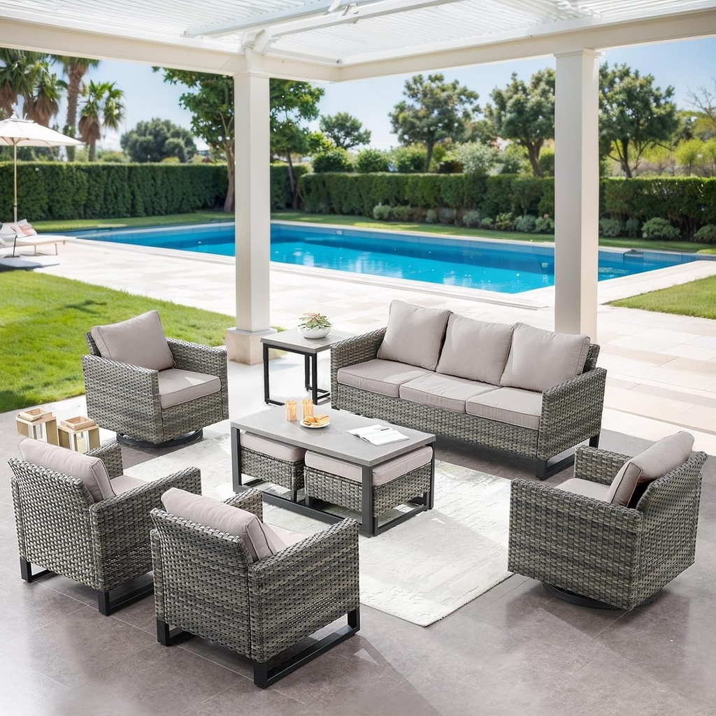 9 Piece Wicker Patio Furniture Set - Outdoor Swivel Rocker Chairs Set with Coffee Table, Rattan Chairs, 3 Seat Sofa & Ottomans, Patio Conversation Sets for Bcakyard Deck - Grey/Beige