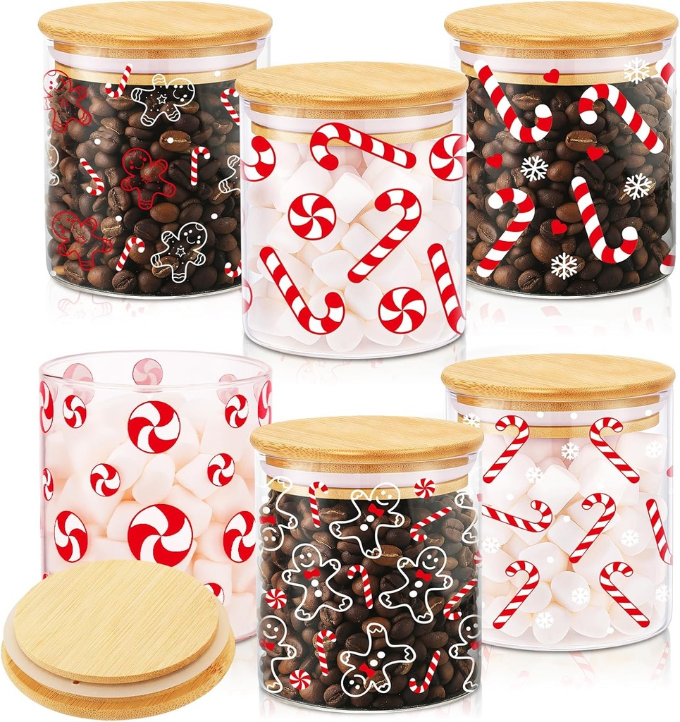 6 Pcs Christmas Glass Storage Jars with Airtight Lid Red White Candy Cane Gingerbread Man Santa Claus Glass Food Storage Jars for Xmas Kitchen Cookie Coffee(Candy Cane)