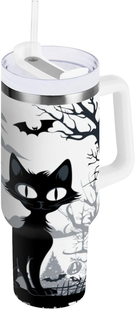 30 oz Tumbler With Handle and Straw Lid, Stainless Steel Vacuum Insulated Tumbler for Water, Iced Tea or Coffee, Easy to Clean (Black Cat)