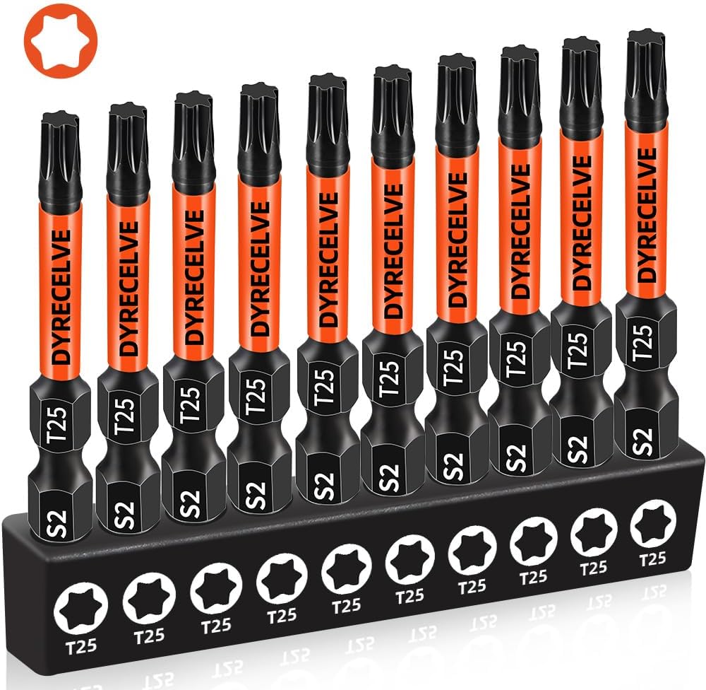 10-Pack T25 Torx Bits for Impact Driver, T-25 Torx/Star Bit Set 2'' Long, Magnetic Torque Head, Premium S2 Alloy Steel, 1/4'' Hex-Shank for Professional & DIY Use
