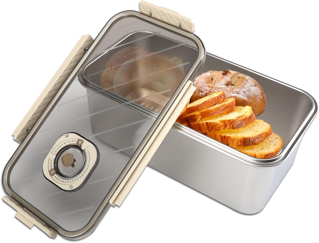 Bread Box for Kitchen Counter Airtight,Bread Boxes for Homemade Bread,Time Recording Bread Storage Container with Lid, Bread Keeper for Toast, Bagel, Donut and Cookies (Stainless Steel-Grey)