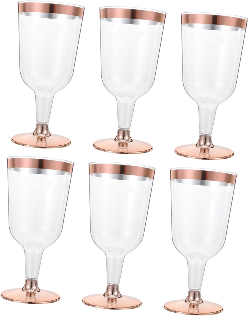 PRETYZOOM 6pcs Rose Gold Rimmed Plastic Goblets Disposable Cups for Parties Elegant Drinkware for Weddings and Celebrations