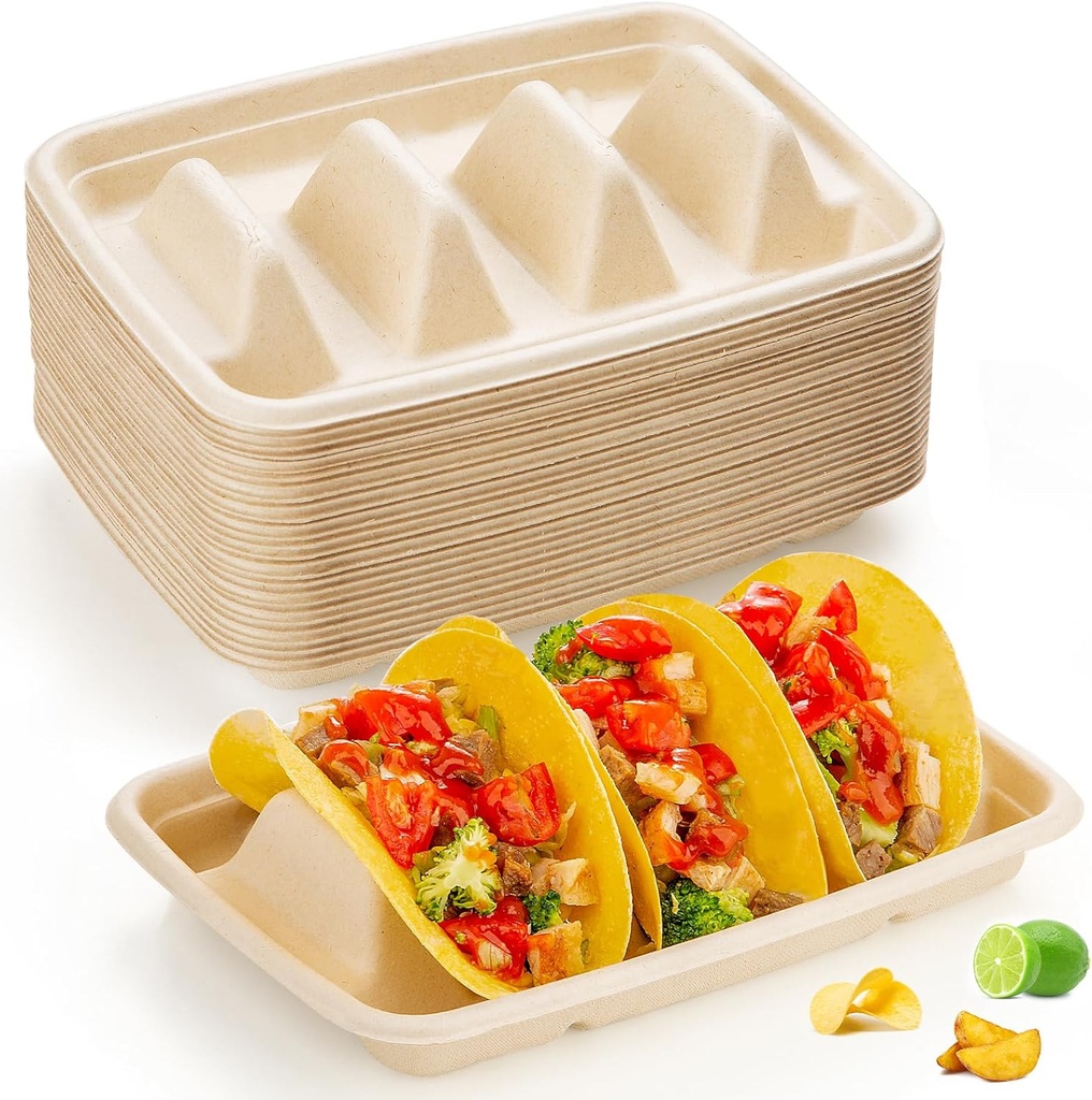 25 PCS Disposable Taco Holders for Party, Bagasse Pulp Fiber Taco Plates with 3 Dividers, Fiesta Taco Tray Holder, Taco Stands for 3 Tacos, Taco Tuesday Lazy Susan Taco Bar Serving Set for Party