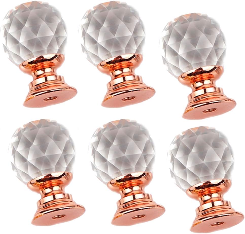 6Pack Glass Cabinet Knobs Round Crystal Glass Cupboard Wardrobe Cabinet Drawer Knob Door Pull Handle Cupboard and Drawer Cabinet Handle for Home，Wardrobe，Kitchen (Rose red)