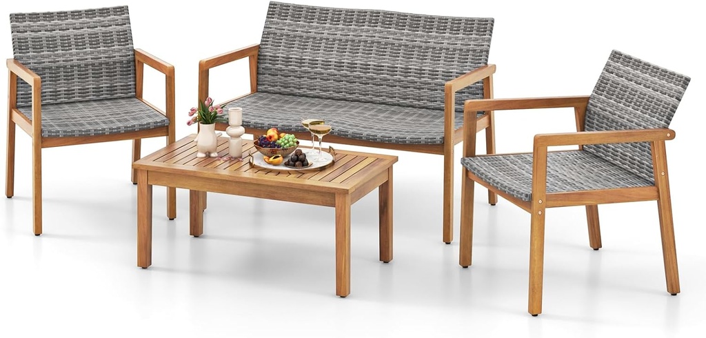 Tangkula 4 Pieces Outdoor Furniture Set, Acacia Wood Frame Sofa Set w/Rattan Seat & Back, Patio Conversation Set w/Coffee Table for Balcony, Poolside, Backyard (Mix Gray)
