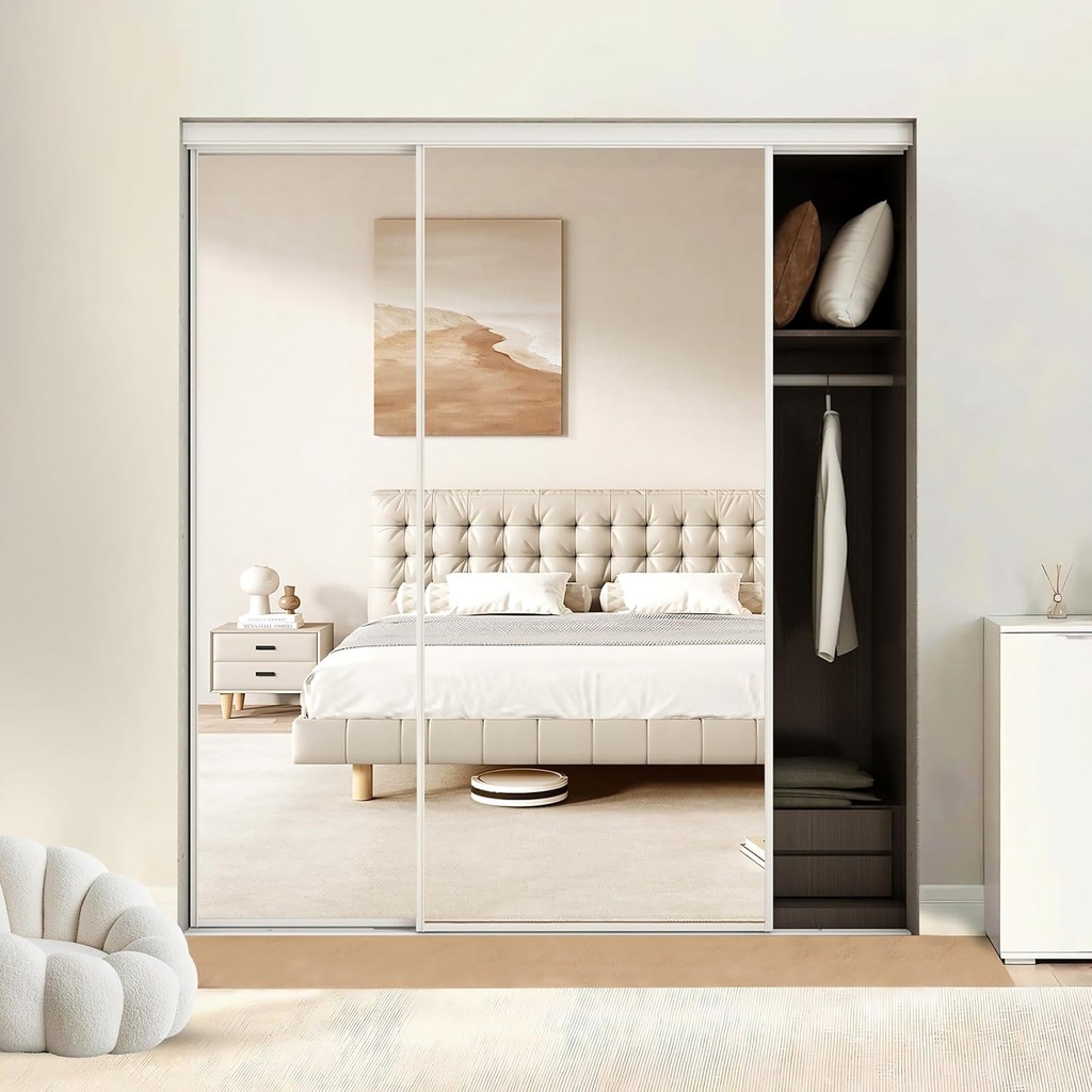 BARNSMITH 72 x 80 Inches Mirrored Closet Door, One Side Mirror with Top & Bottom Track Kits, 2-Panels Steel Frame Sliding Mirror Closet Door, Easy to Install