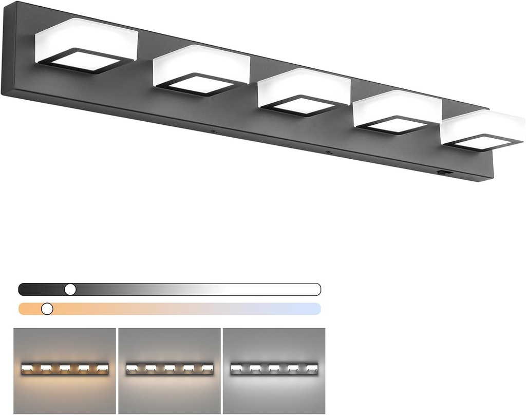 Ralbay 5 Color Temperature 5 Lights Black Vanity Lights 34inch Dimmable Acrylic Modern LED Black Bathroom Vanity Lighting Fixtures