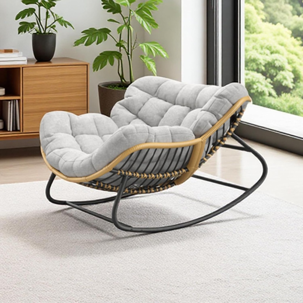 Outdoor Indoor Rocking Chair, Oversized Patio Papasan Rocker, Wicker Lounge Egg Chair for Bedroom, Living Room, Porch, Garden, Lawn-Grey