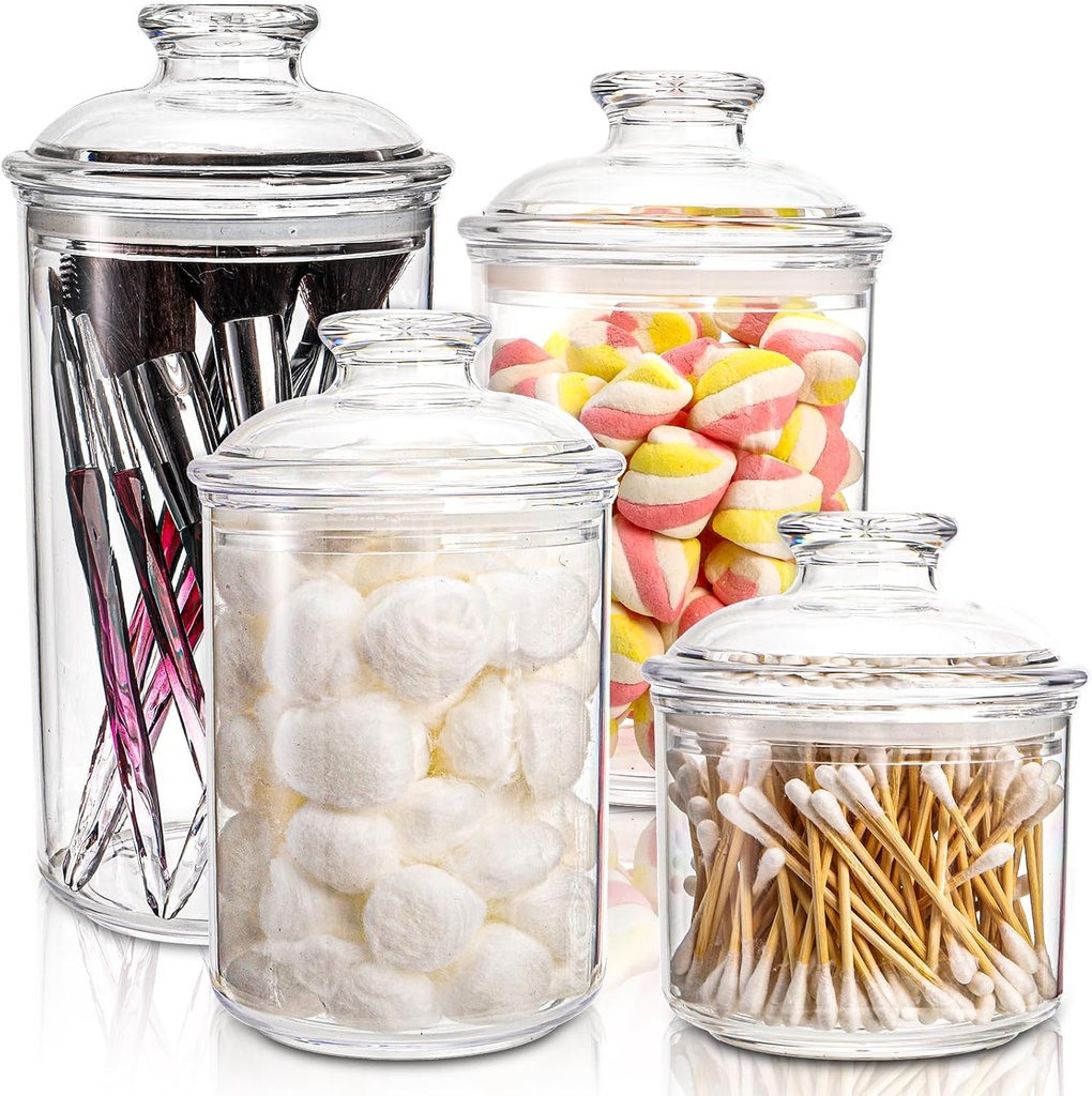 DEAYOU 4 Pack Clear Plastic Apothecary Jars, Plastic Storage Jar Canister with Airtight Lid, Cotton Ball Holder Bathroom, Candy Cookie Container Organizer for Bath Salt, Vanity, 33 Oz/23 Oz/13 Oz