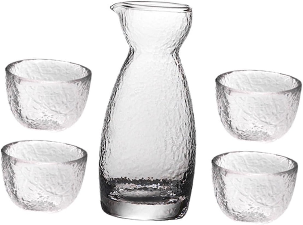 1set Japanese Style Sake Set Hammered Glass Pot and Cups for Entertaining Tea Parties and Home Decor for Sake Lovers and Special Occasions
