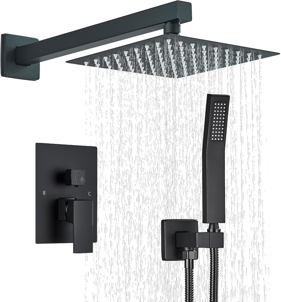 Shower Faucet Matte Black Shower System with 8 Inches Rain Shower Head and Handheld Spray Bathroom Luxury Rain Shower Faucet Set Complete Wall Mounted
