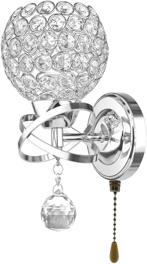 Modern Crystal Wall Light Pendent Lamp Chrome Finish Bedroom Sconce Lighting Fixture with Pull Cord Switch, E14 Socket (Spherical)