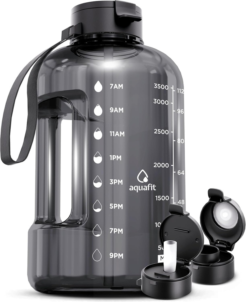 AQUAFIT 1 Gallon Water Bottle with Time Marker - Straw & Chug Lid - BPA Free Gym Water Bottle with Straw - Big Gallon Jug (Gray, 128 oz - 2 Lids)