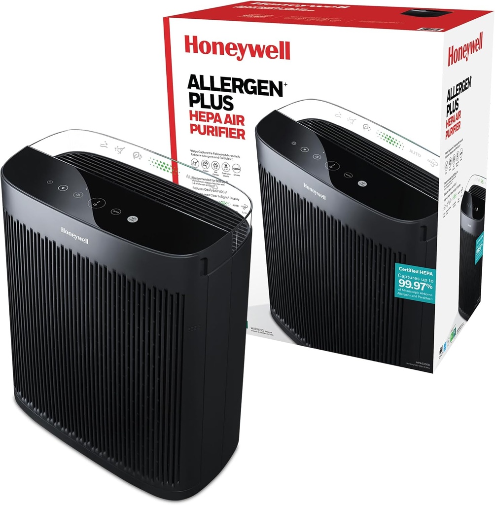 Honeywell Allergen Plus HEPA Air Purifier for Home Large Rooms up to 2400 Ft², Air Quality Monitor, Auto Mode, Reduces Allergens, Pollen, Pet Dander, Odors, Smoke, Black, HPA5300B
