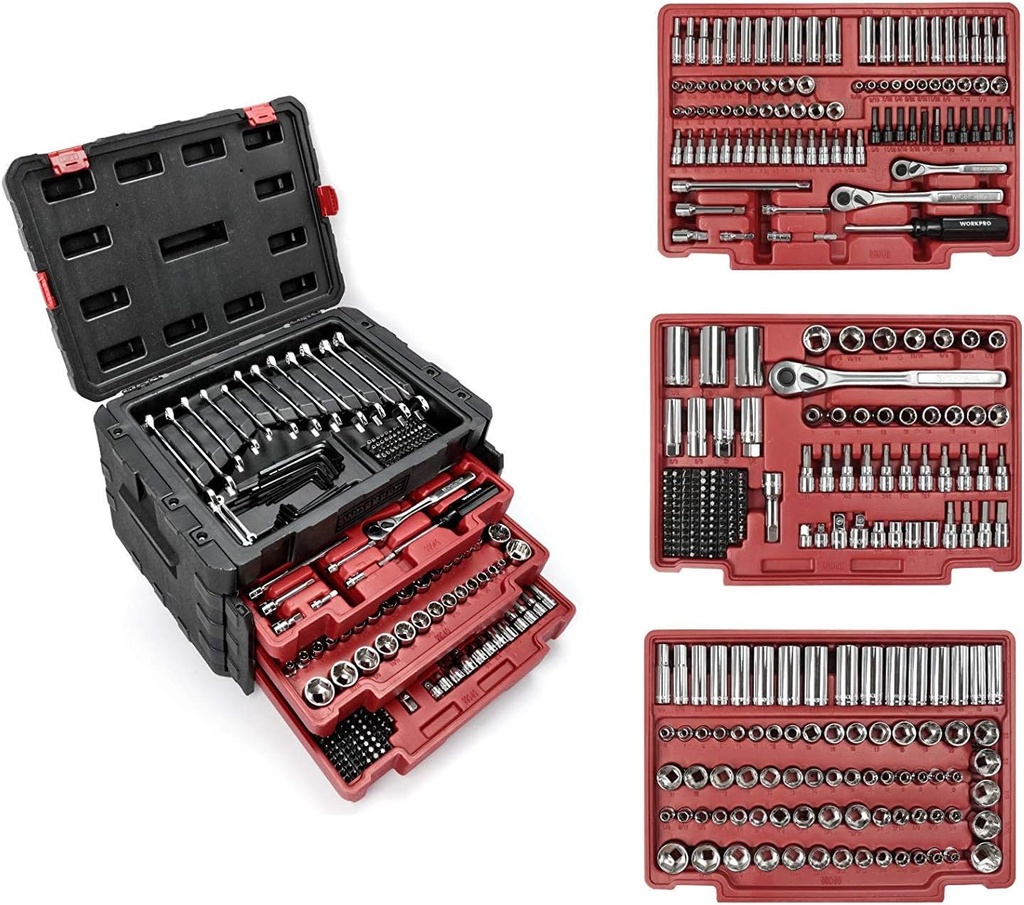 WORKPRO 450-Piece Drive Socket Set 1/2" 1/4" 3/8", CR-V Metric and Imperial with Quick-Release Ratchet Wrench, Spanners, Bits Set, Mechanics Tool for Car Repair