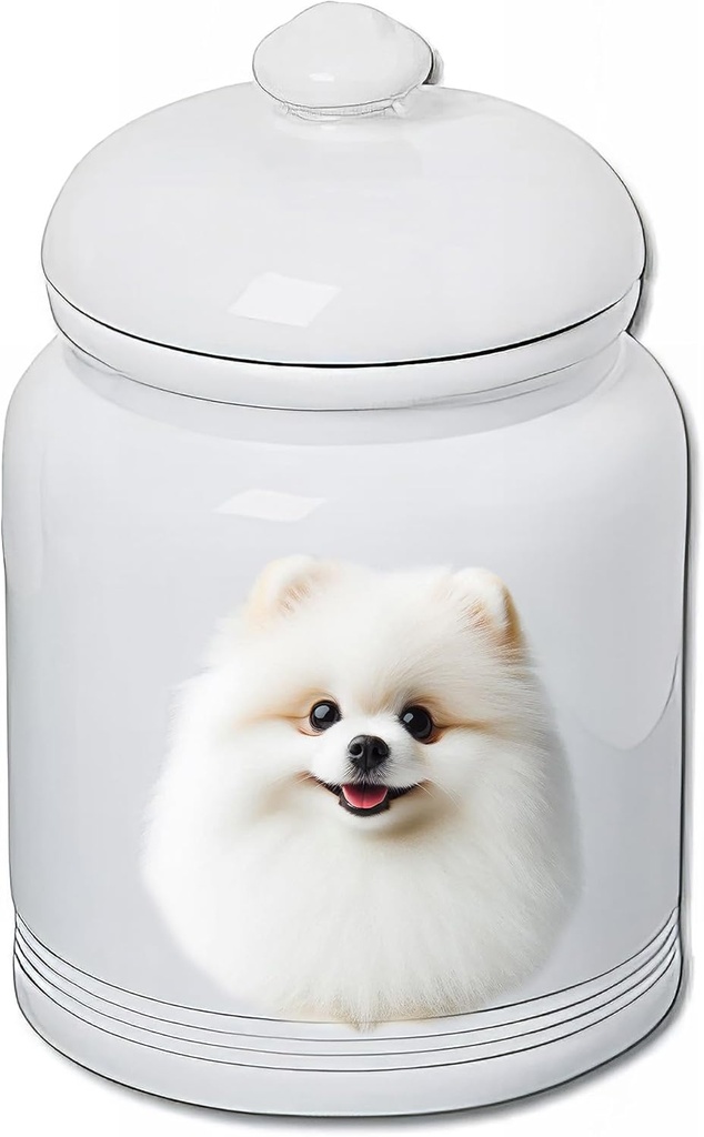 Best of Breed Pomeranian White Dog and Cat Ceramic Treat Jar 9" Tall Air Tight Seal All White
