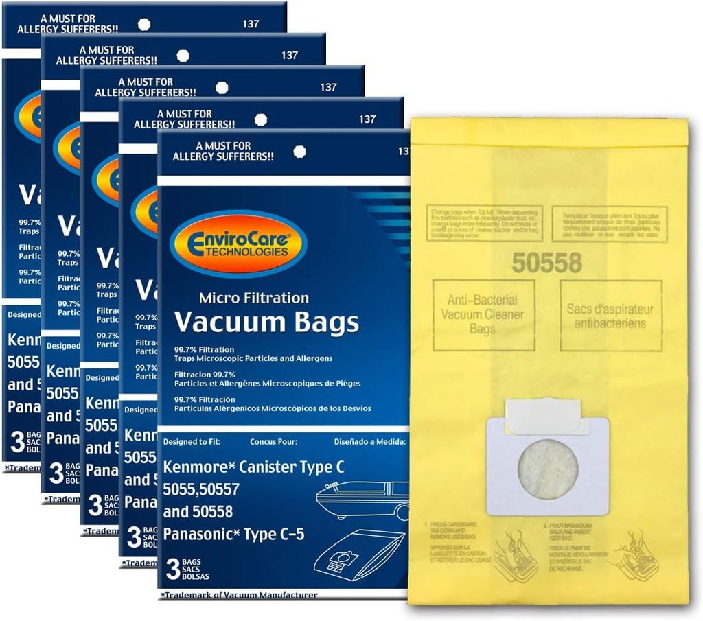 Envirocare Replacement Vacuum Bags Compatible with Kenmore Canister Type C/Q. 5055, 50557 and 50558 Panasonic Type C-5 Vacuums,15 pack