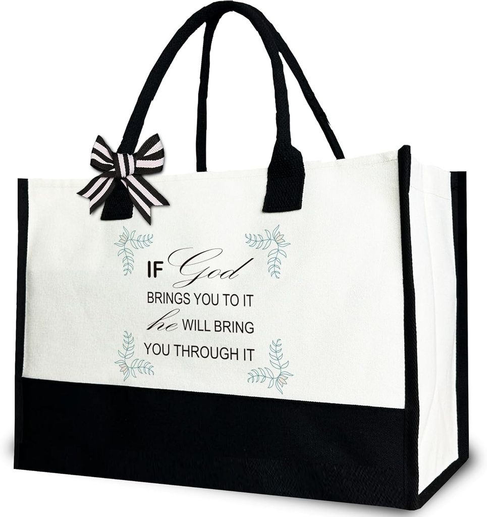 If GOD Brings You To it He Will Bring You Through it Bible Verse Tote Bag for Women, Christian Canvas Tote Bag Gift for Her, 12x17 inch